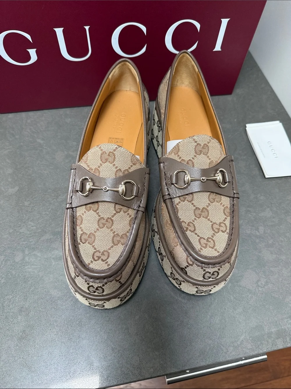 GUCCI Horsebit Wedge Platform Loafers GG Canvas w/Leather Size 38.5